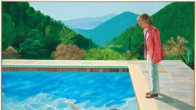 This undated photo provided by Christie's Images Ltd. 2018, shows a painting by David Hockney entitled 'Portrait of an Artist (Pool with Two Figures).' AP