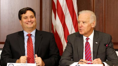 FILE PHOTO - U.S. Vice President Joe Biden (R) is joined by Ebola Response Coordinator Ron Klain (L) in the Eisenhower Executive Office Building on the White House complex in Washington, U.S. November 13, 2014. REUTERS/Larry Downing/File Picture