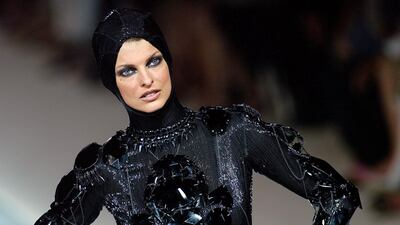 One of the origonal supermodels, Linda Evangelista on stage for the Jean Paul Gaultier autumn-winter 2003/04 haute couture collection. AFP 