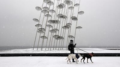 A woman with two dogs walks past the “Umbrellas”, a sculpture by Giorgos Zogolopoulos, along the promenade in Thessaloniki, Greece. Alexandros Avramidis / Reuters
