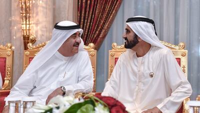 Sheikh Mohammed bin Rashid, Vice President and Ruler of Dubai, exchanges Ramadan greetings with Sheikh Saud bin Rashid Al Mualla, Ruler of Umm Al Quwain, at Zabeel Palace on Monday evening. Wam