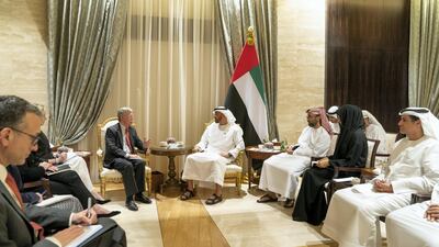 Seen with Sheikh Mohammed and Mr Bolton are Ali Al Shamsi, Deputy Secretary-General of the UAE Supreme National Security Council, Reem Al Hashimi, UAE Minister of State for International Co-operation and Sheikh Tahnoon bin Zayed, UAE National Security Adviser. Mohammed Al Hammadi / Ministry of Presidential Affairs