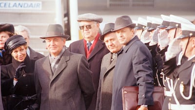 Gorbachev arrives at Keflavik Airport on October 9, 1986, in Reykjavik, Iceland, for several sessions of talks with Reagan. AP
