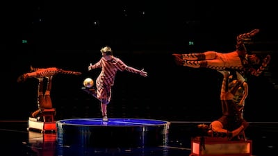 Acrobats from Cirque du Soleil perform during a rehearsal of the 'Messi10' show based on the career of Argentina forward Lionel Messi, at Parc del Forum in Barcelona, on Thursday October 3. AFP
