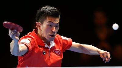 Wong Chun Ting of Hong Kong in action against Sharath Kamal Achanta of India during Day 1 of the 2016 Table Tennis Asian Cup at Dubai World Trade Centre on April 28, 2016 in Dubai. (Photo by Warren Little/Getty Images)