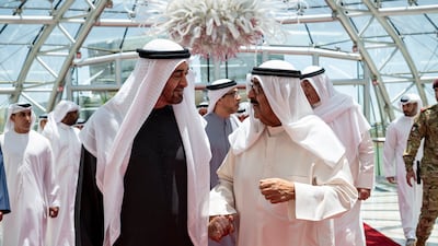 UAE President Sheikh Mohamed is received by Sheikh Meshal, Emir of Kuwait, on arriving at the Amiri Airport, in Kuwait. All photos: UAE Presidential Court