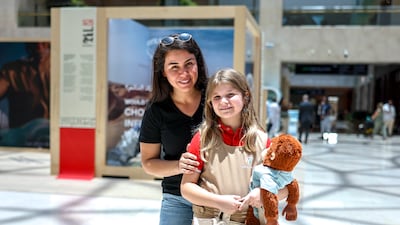 Rocio Ruiz with daughter, Sophia, eight, at the Naseej installation at Yas Mall in Abu Dhabi. Victor Besa / The National
