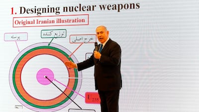 Israeli Prime Minister Benjamin Netanyahu delivers a speech on Iran's nuclear programme at the defence ministry in Tel Aviv on April 30, 2018. Jack Guez / AFP