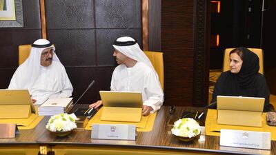 Sheikh Abdullah bin Zayed, Minister of Foreign affairs and Sheikh Hamdan bin Rashid, Minister of Finance at a UAE Cabinet meeting.