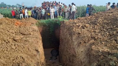 Rescue workers had to dig a ditch into the wide well where the elephant had fallen during the night.