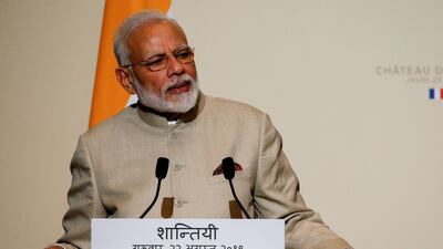 Indian Prime Minister Narendra Modi delivers a statement in Paris on August 22, 2019; the Indian lead has arrived in the UAE for a two-day visit AFP