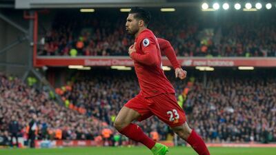 Liverpool's Emre Can celebrates after scoring to give his side a 2-1 lead against Burnley at Anfield in Liverpool, England, on Sunday, March 12, 2017. Peter Powell / EPA