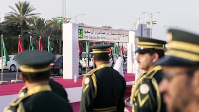 The sign for King Salman bin Abdulaziz Al Saud -formerly Al Sufouh Street - is unveiled in Dubai. Reem Mohammed / The National
