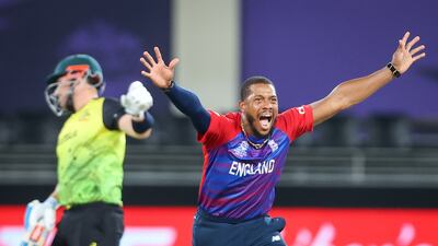 England;s Chris Jordan appeals for the wicket of Australia's captain Aaron Finch. EPA