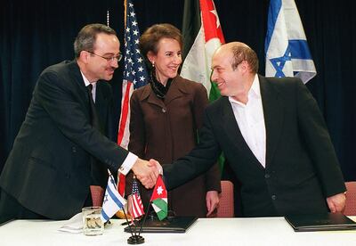 From left, then-Jordanian ambassador to the US Marwan Muasher with US trade representative Charlene Barshefsky and Israeli trade minister Natan Sharansky. AFP