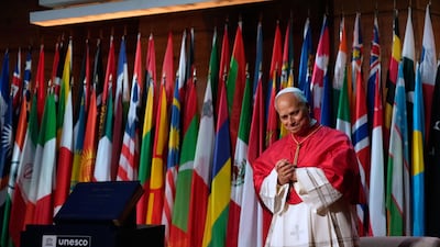 Pope Leo during his visit to Unesco headquarters on the first day of his visit to France. EPA