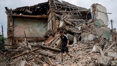 The aftermath of Russian shelling in a residential area in Chuhuiv, Kharkiv, north-eastern Ukraine. AP