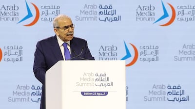 Lebanon's Prime Minister Nawaf Salam addresses the Arab Media Summit in Dubai on Tuesday. Chris Whiteoak / The National