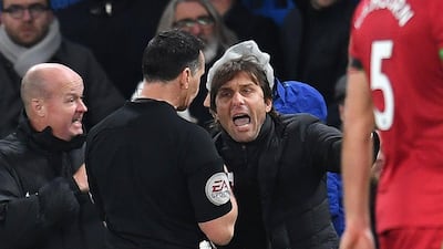 Chelsea manager Antonio Conte is sent to the stands by referee Neil Swarbrick. Andy Rain / EPA