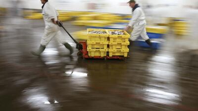 Workers move boxes of fish at the fish market in Grimsby. Phil Noble / Reuters