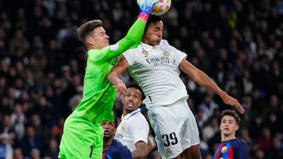 BARCELONA RATINGS: Marc-Andre ter Stegen 8 - Good hands at the near post to stop a Vinicius effort and alert to stop several dangerous Madrid crosses, yet Madrid didn’t have a single effort on target. Faultless performance and a clean sheet at the Bernabéu. AP Photo