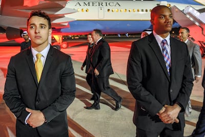 US Secretary of State Mike Pompeo and his wife Susan arrive at Abu Dhabi International Airport. AP