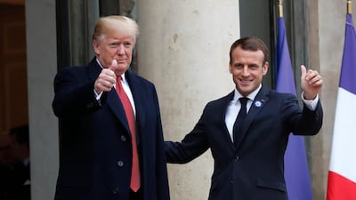 French President Emmanuel Macron and US President Donald Trump meet at the Elysee Palace in Paris for the centenary commemorations of Armistice Day. AP