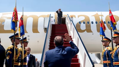 Sheikh Mohamed bids farewell to Mr El Sisi, before departing from Cairo International Airport. Hamad Al Kaabi / UAE Presidential Court