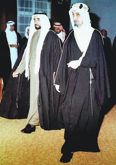 UAE President Sheikh Zayed meets Saudi King Faisal in Riyadh in February 1975. Wam