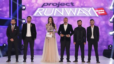 From left: contestants Alaa Najd and Rayan Atlas; show hosts Jessica Kahawaty and Fares Shehri; contestants Issa Hesso and Salim Chebil. Najd won Season 1 of Project Runway Middle East.