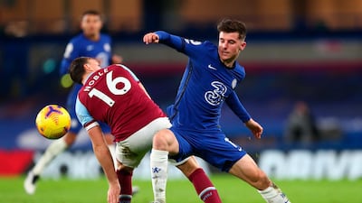 West Ham's Mark Noble challenges for the ball with Chelsea's Mason Mount. EPA