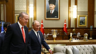 Turkish President Tayyip Erdogan meets with Russia's President VladimirÊPutin at the Presidential Palace in Ankara, Turkey, September 28, 2017.