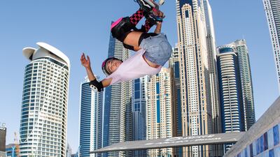 Arisa Trew with a McTwist at the World Skateboarding Tour event at Dubai Harbour