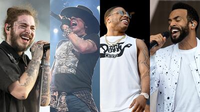 Post Malone, Axl Rose, Nelly, and Craig David are some of the performers coming to Abu Dhabi for the Formula One weekend. Getty Images and AFP