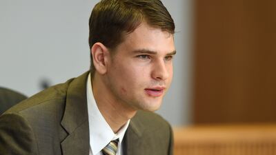FILE - Nathan Carman speaks at a hearing in probate court, Tuesday, Aug. 7, 2018, in West Hartford, Conn. Carman, who was found floating on a raft in the ocean off the coast of Rhode Island in 2016 after his boat sank, has been indicted on charges alleging he killed his mother at sea to inherit the family's estate, according to the indictment unsealed Tuesday, May 10, 2022. (Cloe Poisson / Hartford Courant via AP, Pool, File)