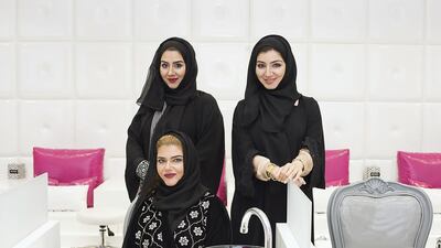 Dana Al Tamimi, Noor Al Tamimi and Bodour Al Tamimi, are three Emirati sisters who run Bedashing chain of beauty lounges in Abu Dhabi. Irene García León for The The National