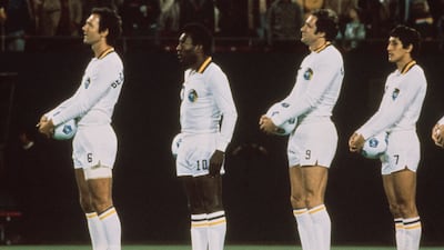 From left to right: Germany's Franz Beckenbauer, Brazil's Pele, Italy's Giorgio Chinaglia and Paraguay's Romerito line up for New York Cosmos in 1980. Getty Images
