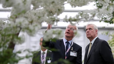 LONDON, ENGLAND - MAY 20: Prince Andrew, Duke of York views a display during his visit to the RHS Chelsea Flower Show 2019 press day at Chelsea Flower Show on May 20, 2019 in London, England. (Photo by Yui Mok - WPA Pool/Getty Images)