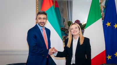 Sheikh Abdullah bin Zayed, Deputy Prime Minister and Minister of Foreign Affairs, meets Giorgia Meloni, Prime Minister Italy, in Rome on Thursday. Photo: Wam