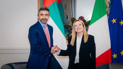 Sheikh Abdullah bin Zayed, Deputy Prime Minister and Minister of Foreign Affairs, meets Giorgia Meloni, Prime Minister Italy, in Rome on Thursday. Photo: Wam