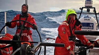 Team Vesta Wind skipper Chris Nicholson, left, flew in to Mauritius on Wednesday to join the team’s shore chief Neil Cox, who is leading the salvage operation. (Hamish Hooper/Volvo Ocean Race)