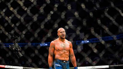 Ciryl Gane reacts after defeating Derrick Lewis in the third round. AFP