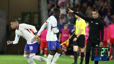 Kylian Mbappe enters the pitch as a substitute for Ousmane Dembele during the friendly match between France and Canada. AFP