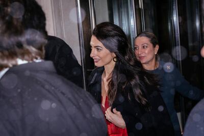 Amal Clooney leaves the baby shower for Meghan, Duchess of Sussex, at The Mark Hotel. AP