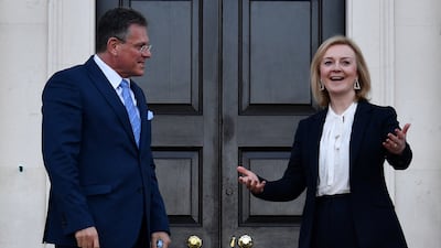 UK Foreign Secretary Liz Truss greets Vice President of the European Commission Maros Sefcovic at Chevening House. Reuters