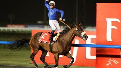 Mickael Barzalona celebrates after riding Monterosso to Dubai World Cup victory in 2012.