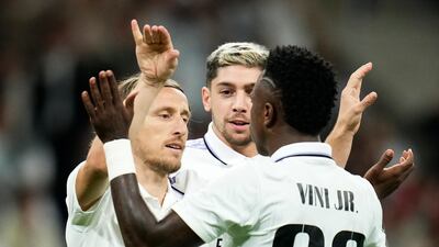 Real Madrid's Luka Modric (l) celebrates with teammates after scoring the first goal in the 5-1 Champions League win against Celtic at the Santiago Bernabeu on November 2, 2022. AP