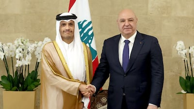 Lebanon's President Joseph Aoun greets Qatar's Prime Minister and Foreign Minister Sheikh Mohammed bin Abdulrahman at the presidential palace in Baabda. AFP
