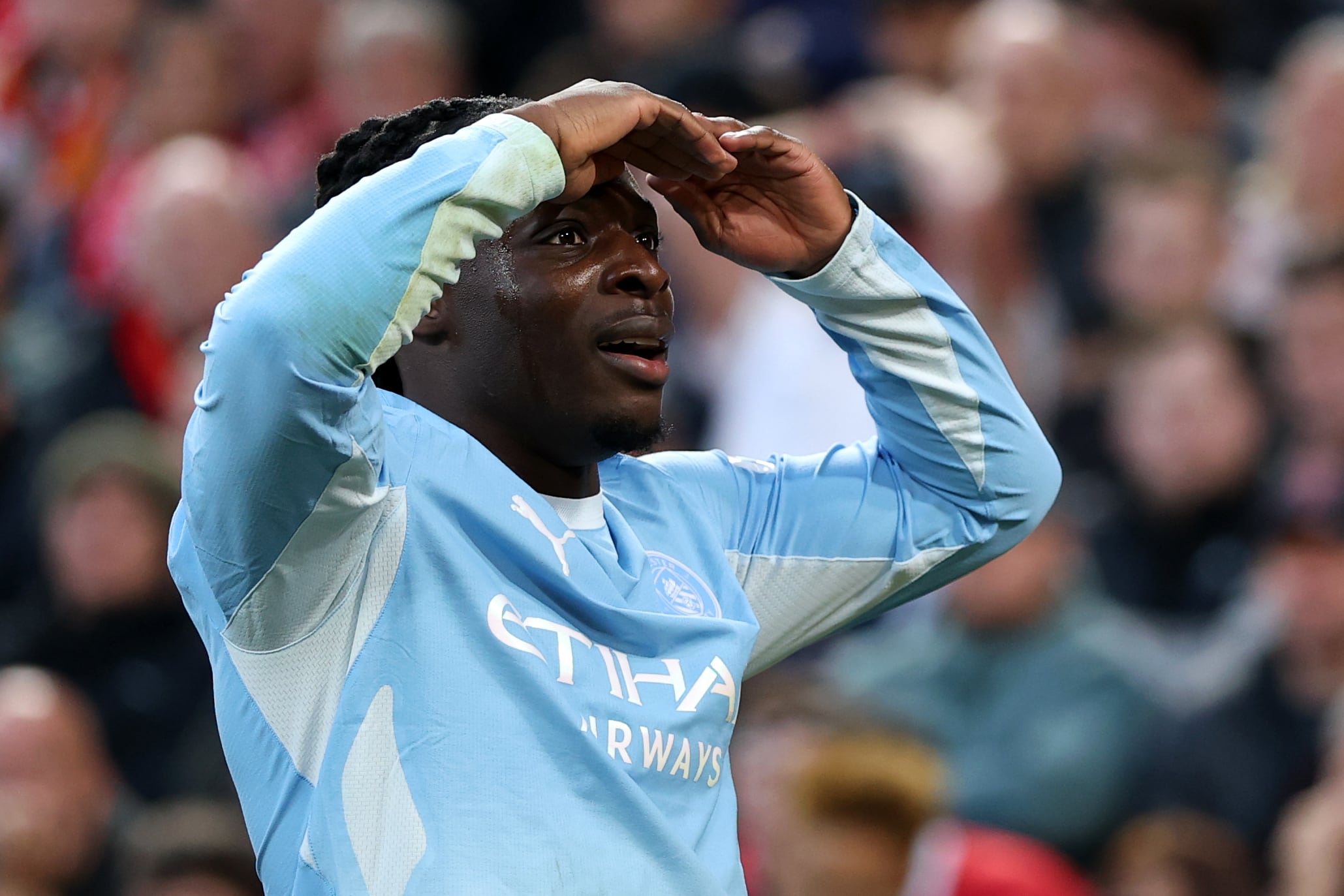 Jeremy Doku celebrates after scoring City’s second goal. Getty Images