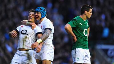 England scrum half Danny Care, left, celebrates with Jack Nowell after scoring the match-winning try in England's 13-10 Six Nations defeat of Ireland at Twickenham on February 22, 2014. Stu Forster / Getty Images